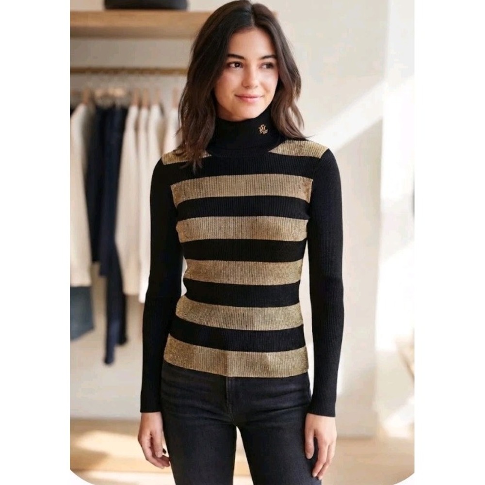 Lauren Ralph Lauren Black Gold Striped Metallic Turtleneck Sweater Size S RL